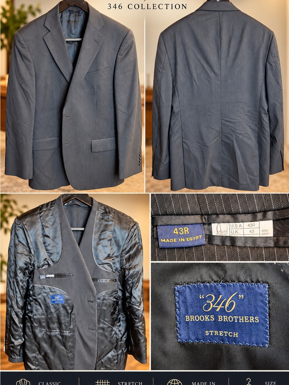 Brooks Brothers 346 Stretch Pinstripe Suit Jacket Blazer 43R Made in Egypt